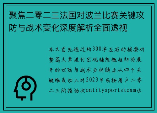 聚焦二零二三法国对波兰比赛关键攻防与战术变化深度解析全面透视 聚焦二零二三法国对波兰比赛关键攻防与战术变化深度解析全面透视